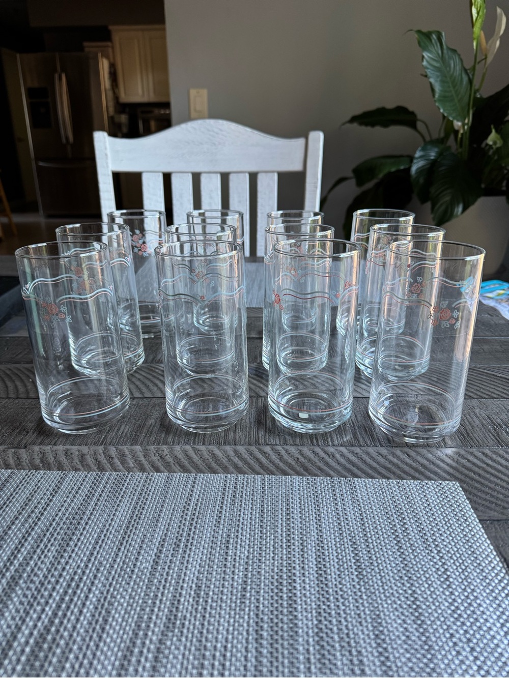 Vintage Corelle 12 Clear Glass Highball Tumblers w Subtle Floral Accents